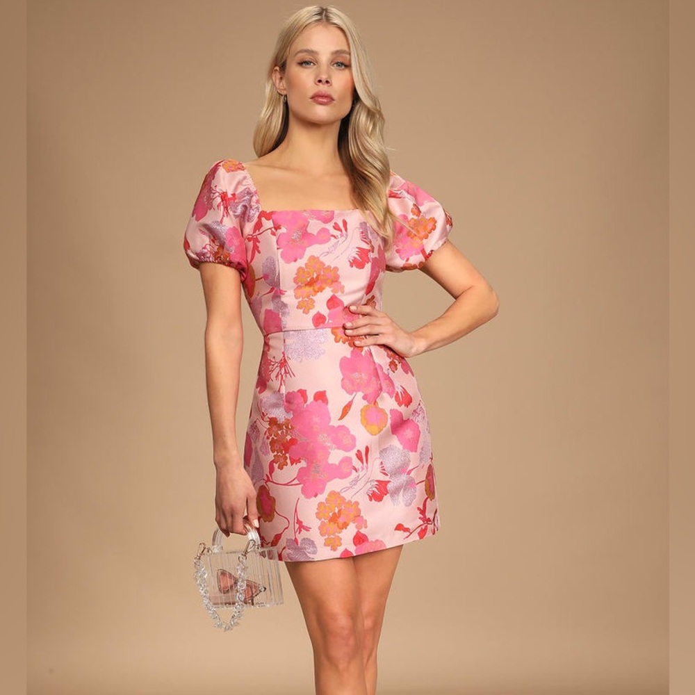 Lulu’s Pink and Orange Multi Floral Jacquard Puff Sleeve Dress
